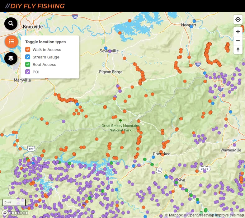 map of fishing spots in Great Smoky Mountains National Park