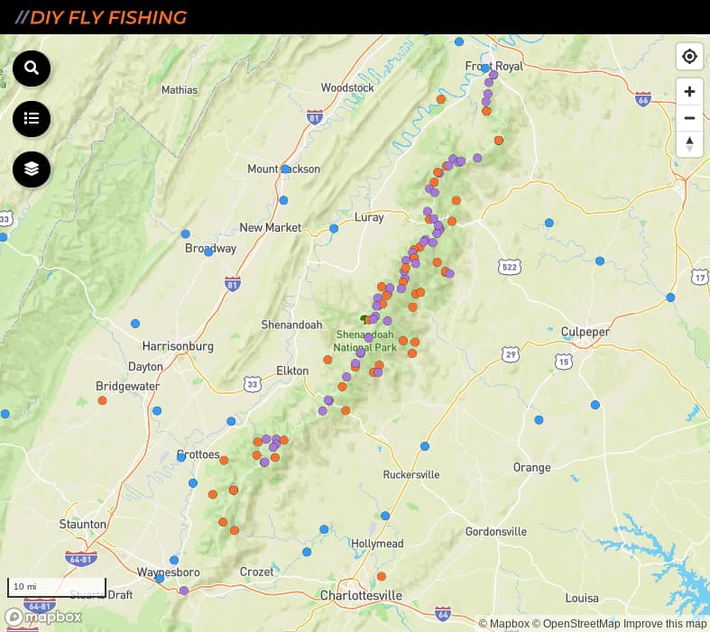 map of fishing spots in Shenandoah National Park