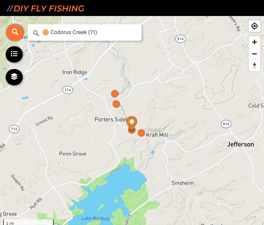 map of fishing spots on Codorus Creek in Pennsylvania
