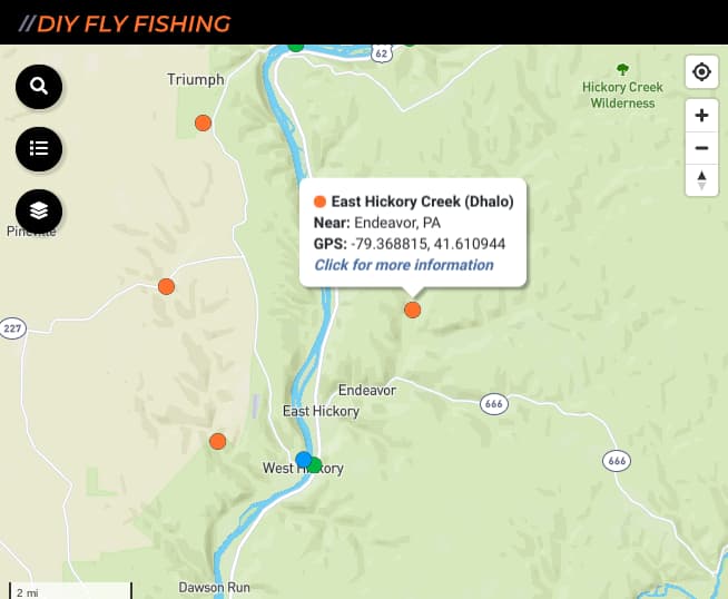 map of fishing spots on East and West Hickory Creek in Pennsylvania