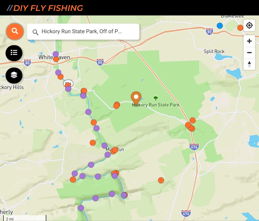 map of trout streams in Hickory Run State Park in Pennsylvania
