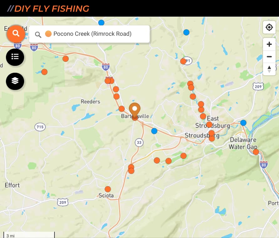 map of fishing spots on Pocono Creek in Pennsylvania