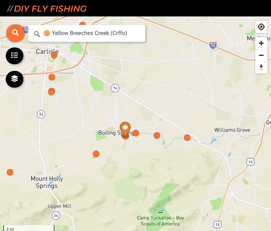 map of fishing spots on Yellow Breeches Creek near Boiling Springs PA