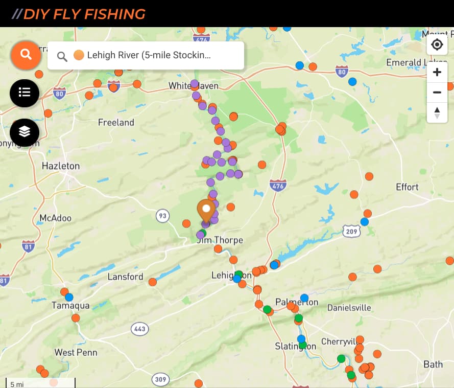 map of fishing spots on the Lehigh River in Pennsylvania
