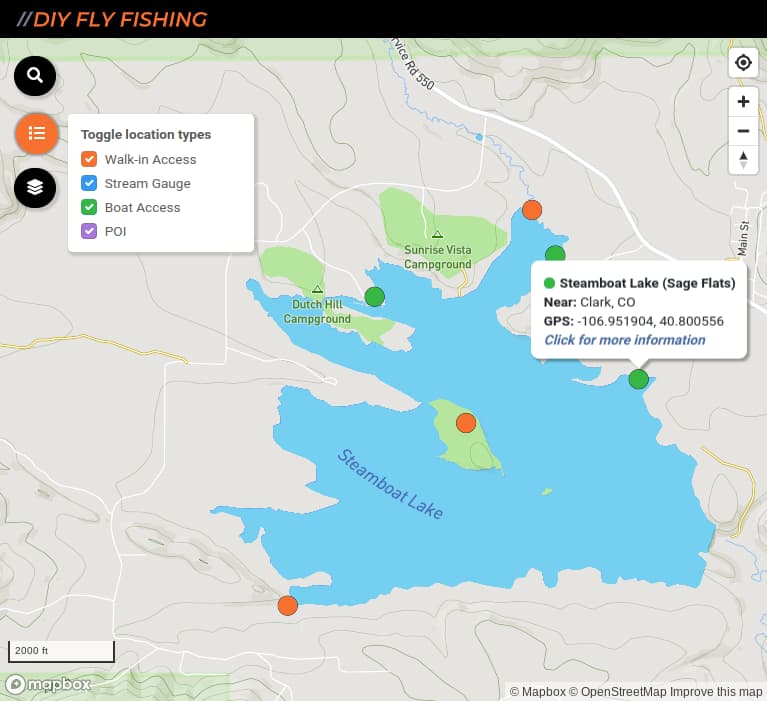 map of boat ramps and fishing spots on Steamboat Lake in Colorado